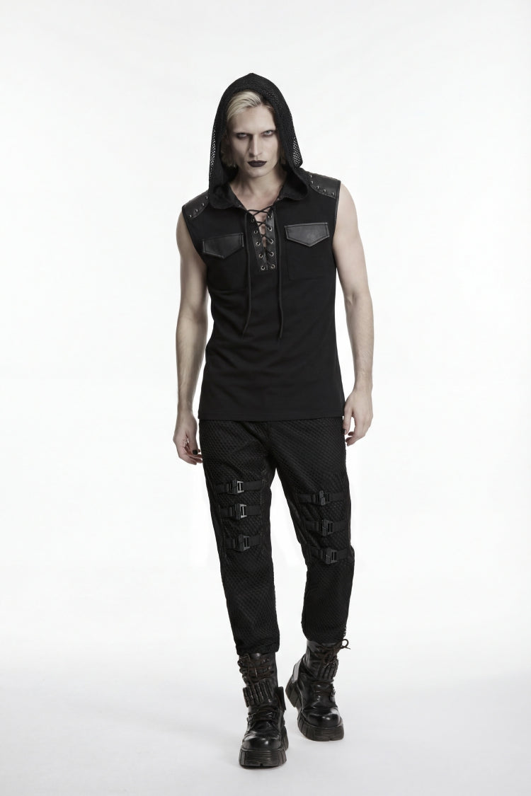Black Spliced Lace-Up Hooded Studded Men's Punk Cool Vest - Product - 5