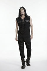 Black Spliced Lace-Up Hooded Studded Men's Punk Cool Vest - Product - 5