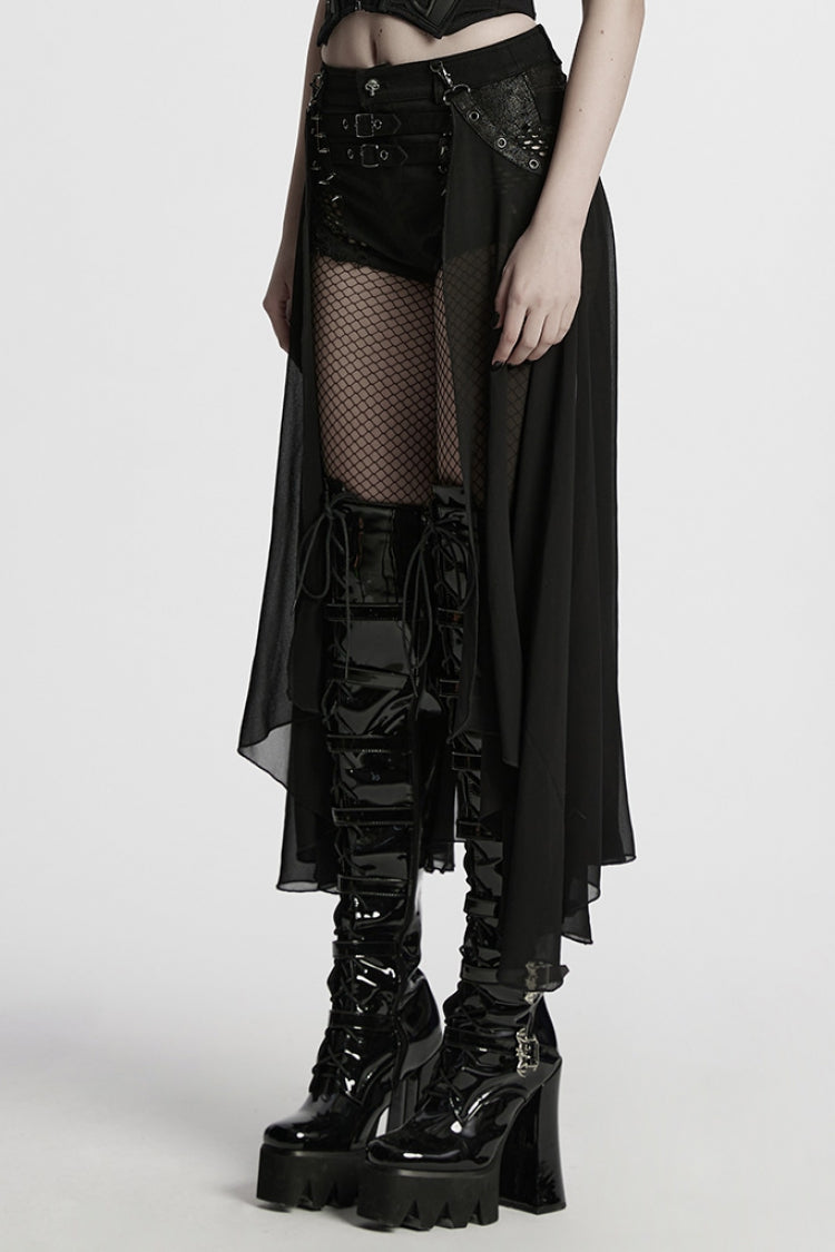 Black Women's Punk Studded Distressed Shorts with Detachable Kilt - Product - 2