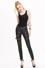 Black/Bronze Metal Zipper Decoration Metal Buckle Leather Leg Loop Leather Women's Punk Pants - Product - 5