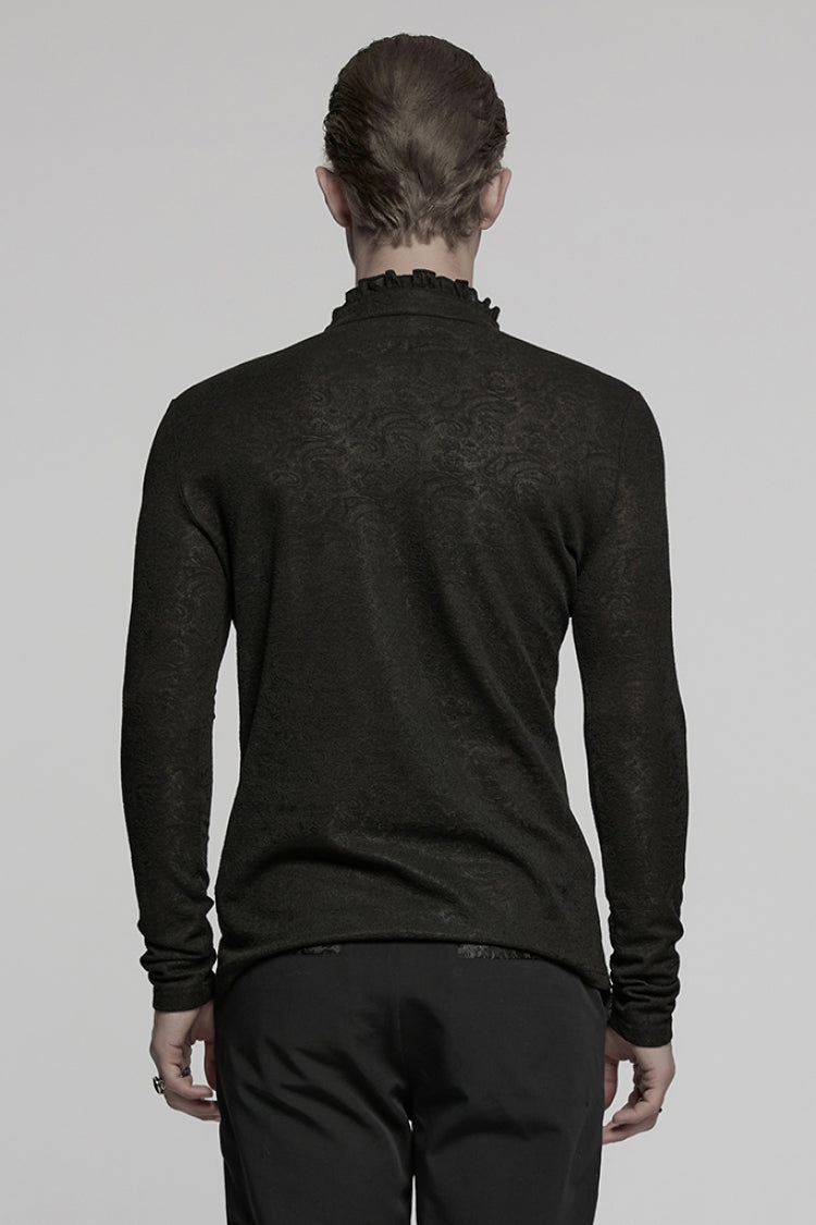Black V Collar Long Sleeves Jacquard Embroidery Men's Gothic Blouse - Product - 3
