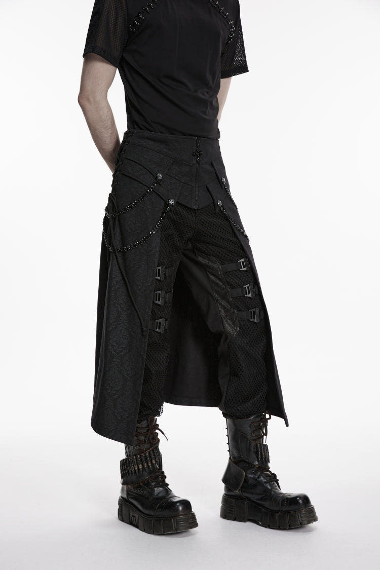 Black Printed Lace-Up Zippered Chain-Decorated Men's Punk Skirt - Product - 6