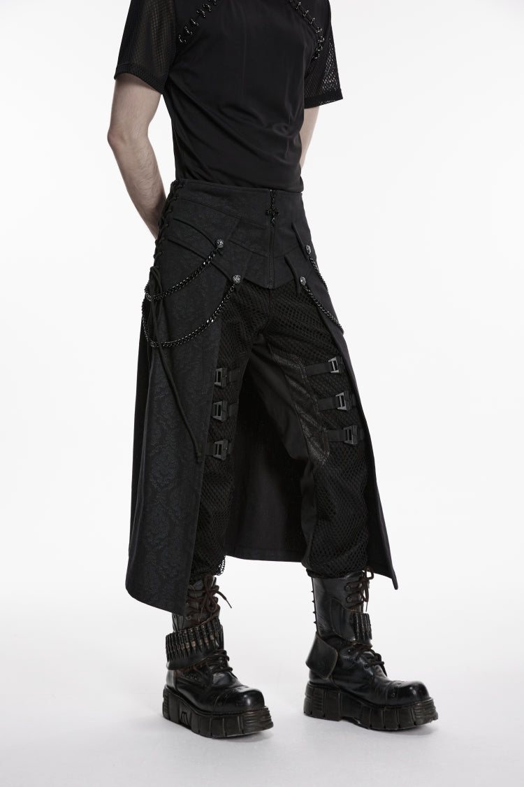 Black Printed Lace-Up Zippered Chain-Decorated Men's Punk Skirt - Product - 6