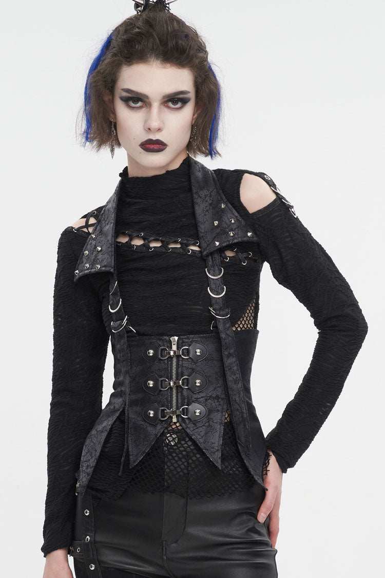 Black Irregular Lace Up Women's Gothic Vest With Detachable Collar - Product - 2