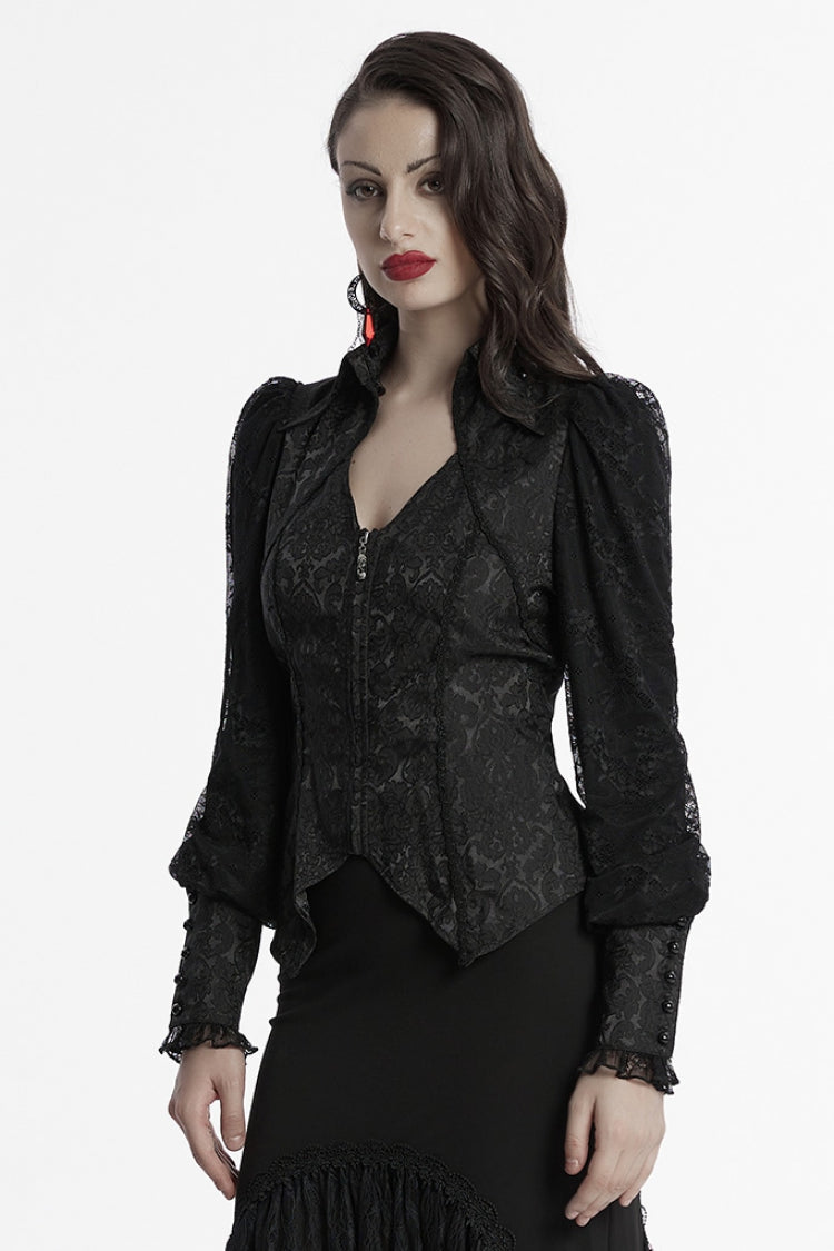 Black V Collar Long Puff Sleeves Lace-Up Zipper Women's Gothic Blouse - Product - 2