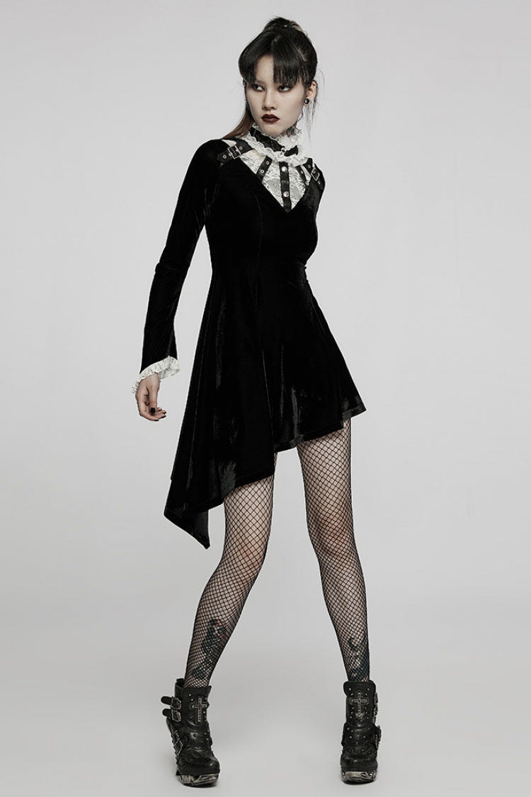 Long Trumpet Sleeves Stitching Lace Irregular Asymmetric Women's Gothic Dress 2 Colors - Product - 12