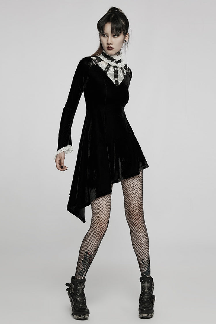 Long Trumpet Sleeves Stitching Lace Irregular Asymmetric Women's Gothic Dress 2 Colors - Product - 12