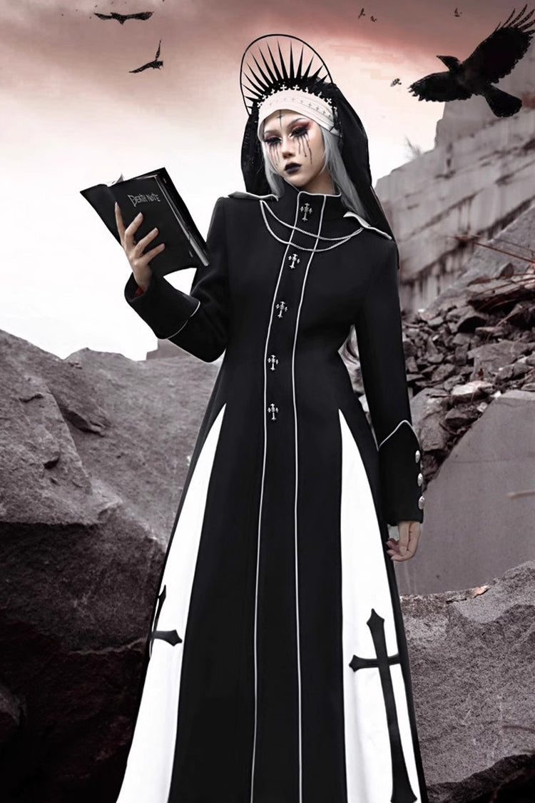 Black [The Trial of a Nun] Cross Print Hollow Cardigan Stitching Gothic Lolita Long Coat - Product - 2