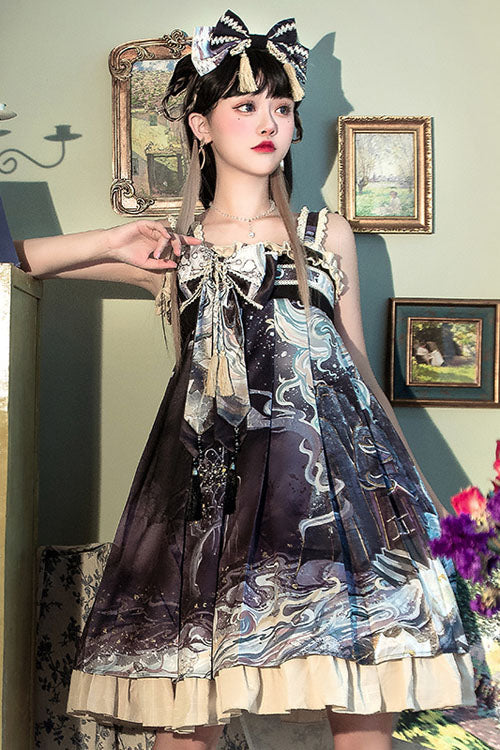 Purple Wave Print Bowknot Chinese Style Hanfu Ruffled Classic Lolita JSK Dress - Product - 3