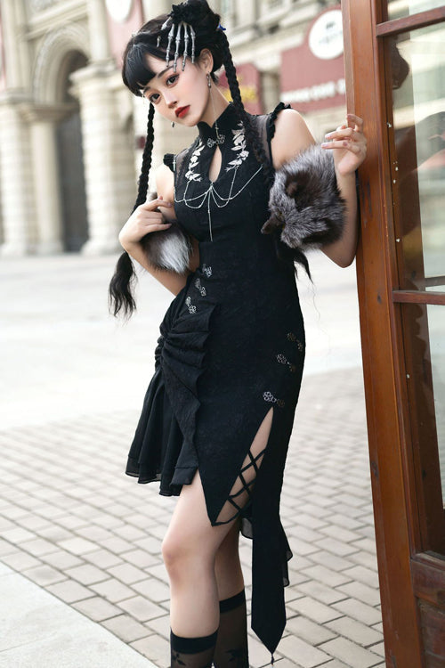 Original Chinese Han Elements Black Embroidered Cheongsam Classic Lolita Hanfu Dress - Product - 4