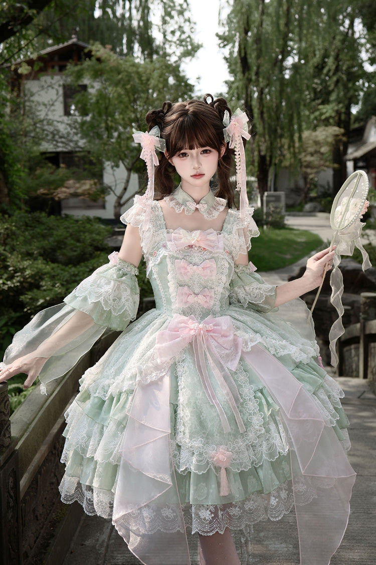 Green [Spring Waters Reflecting Pear Blossoms] Ruffled Embroidered Open-Front Bow Lace Sweet Lolita Jsk Dress - Product - 4