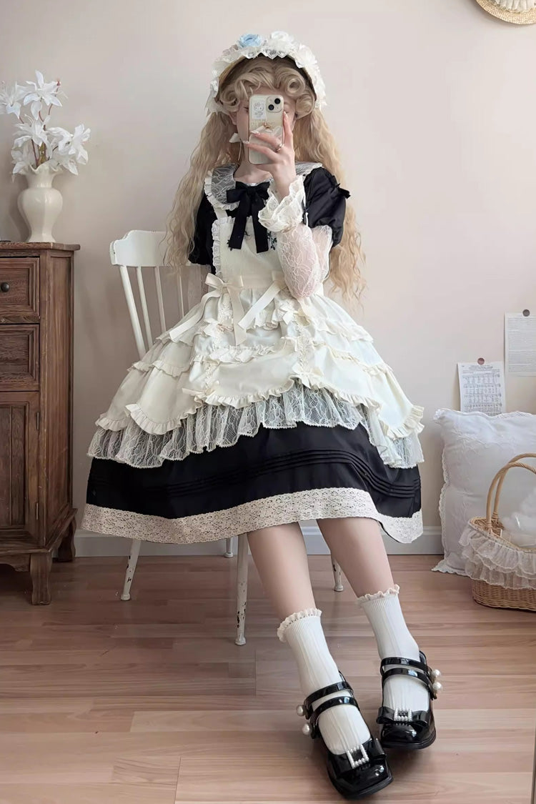 Black Mist over Flowers Along the Path Lapel Collar Long Sleeves Embroidery Bowknot Lace Sweet (Dress Only) detail view 6