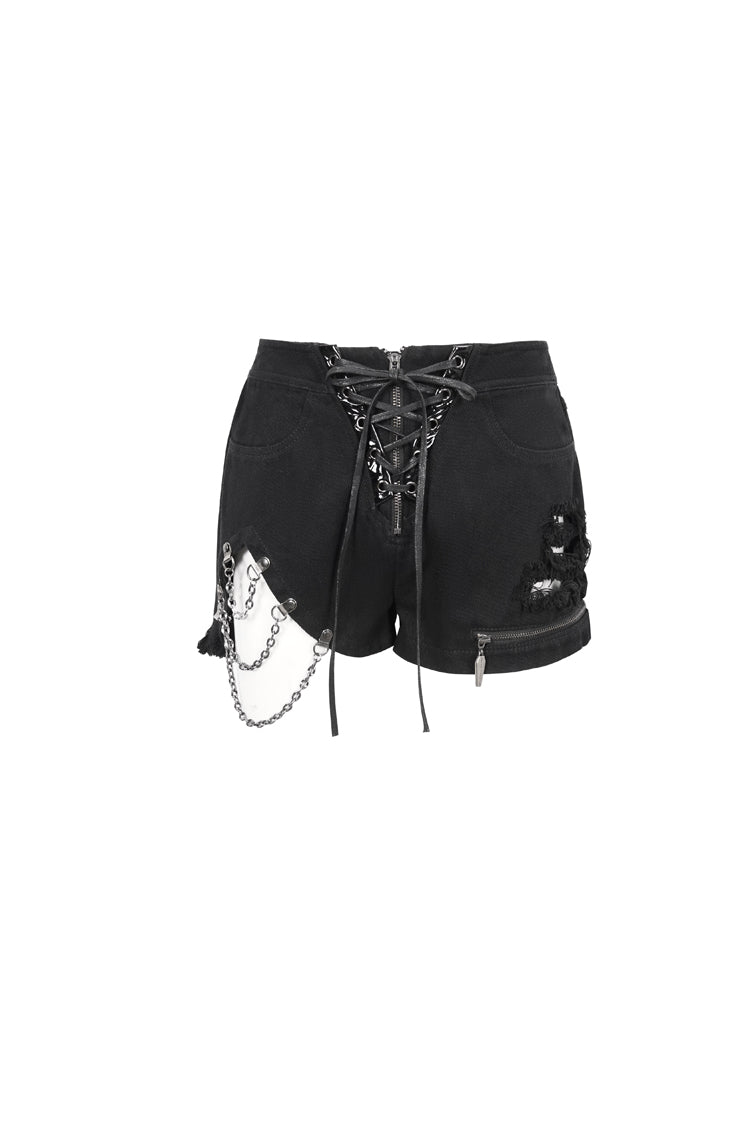 Black Asymmetric Metal Chain Ripped Zip Denim Women's Punk Shorts - Product - 6