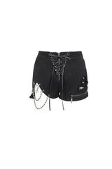 Black Asymmetric Metal Chain Ripped Zip Denim Women's Punk Shorts - Product - 6
