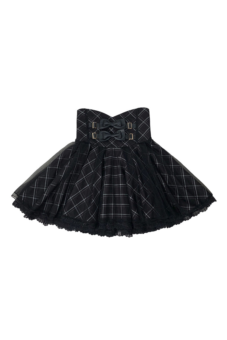 Black/White [Sixteenth Night] Off Shoulder Short Sleeves Plaid Printed Bow Classic Japanese Jirai Kei Skirt Set - Skirt(Only) - 10