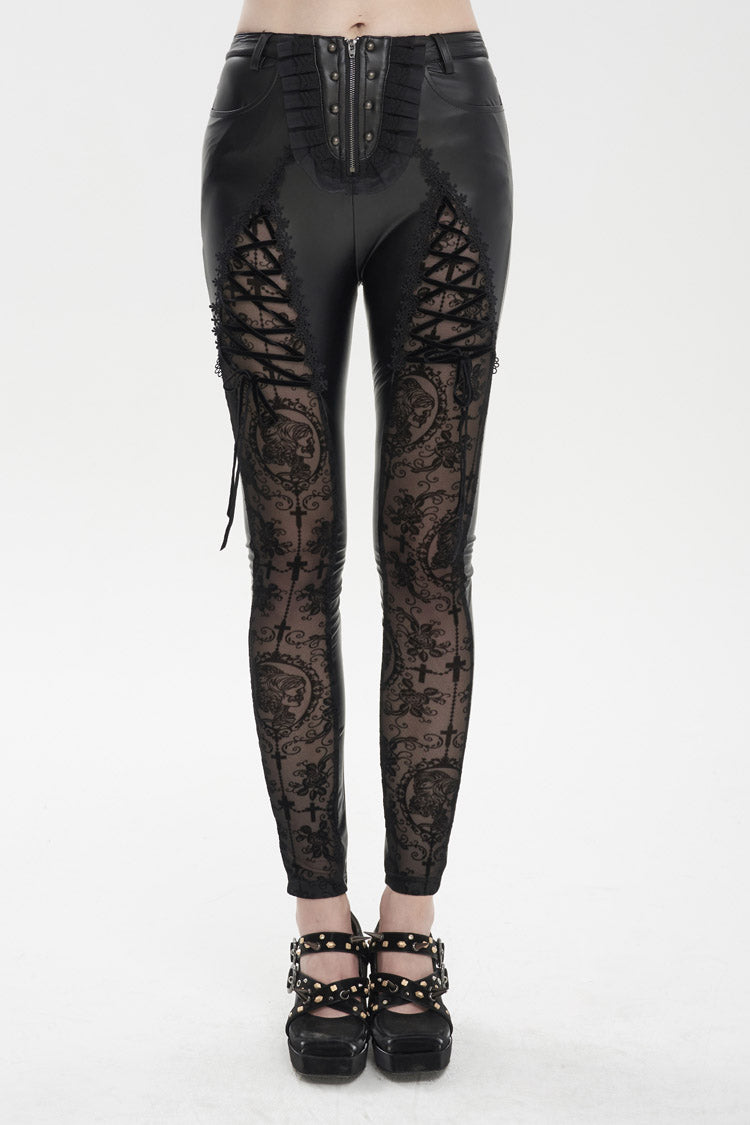 Black Flocked Stretch Slim Thigh Lace String Adjustable Women's Gothic Leggings - Black - 1