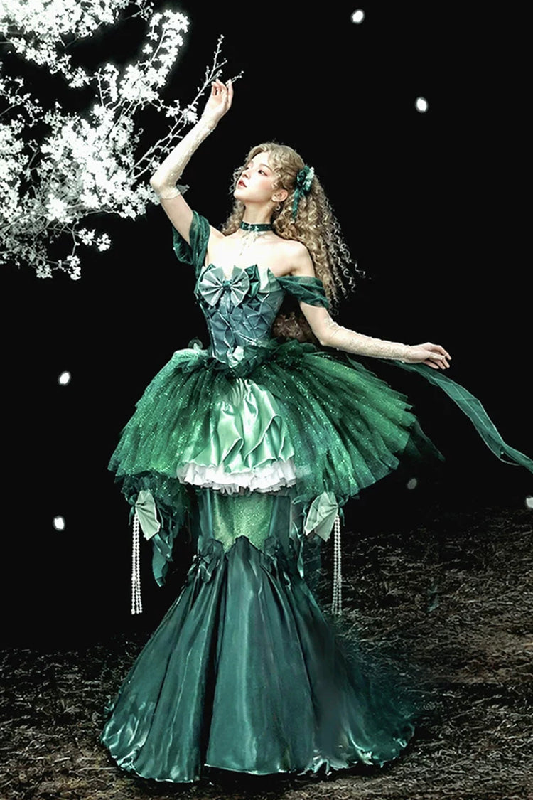 Green [Mermaid Tears] Off Shoulder High Waisted Ruffled Bow Sweet Princess Lolita Dress - Long-Skirt(Only) - 5