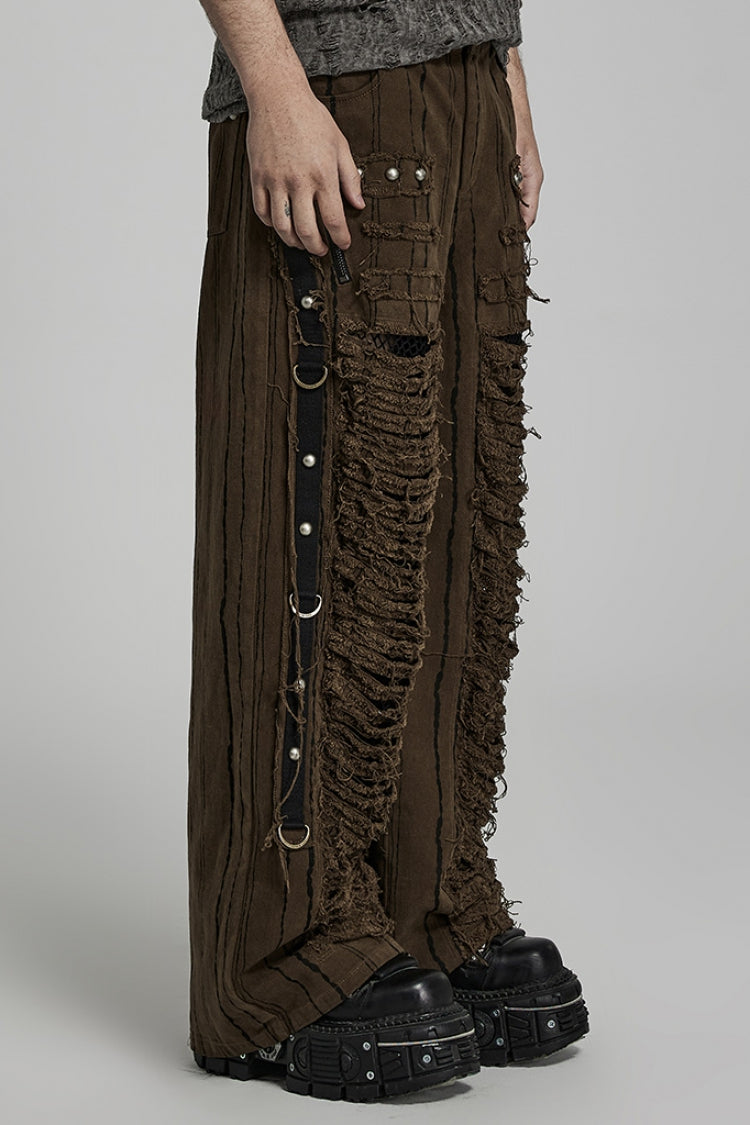 Metal Rivet Decoration Stitching Mesh Ripped Men's Steampunk Straight Pants 2 Colors - Product - 10