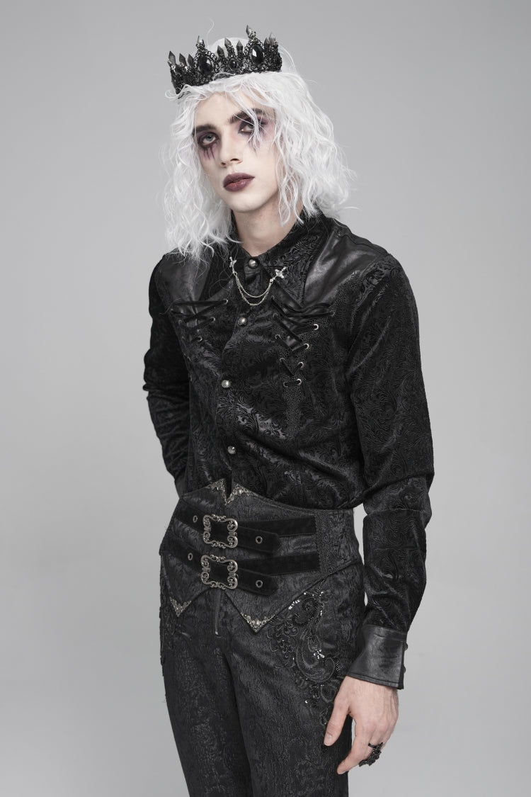 Black Lapel Collar Long Sleeves Print Embroidery Lace-Up Men's Gothic Blouse - Product - 6