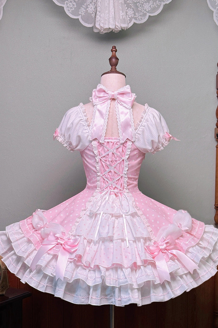 Pink Halterneck Short Sleeves Triple-Layered Polka Dot Printed Bow Lace-Up Sweet Lolita Dress - Product - 2