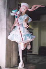[Magical Girl] Doll Navy Collar Ruffle Bowknot Gothic Jirai Kei Japanese Dress 2 Colors - Aqua - 2