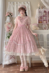 [Daydream Rose] Short Sleeves Floral Jacquard Print Ruffle Embroidery Bowknot Sweet Lolita Dress 3 Colors - Product - 10