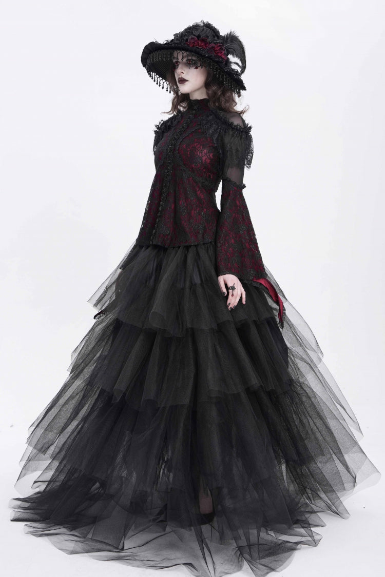 Red Stand Collar Long Trumpet Sleeves Embroidery Stitching Lace Women's Gothic Blouse - Product - 6