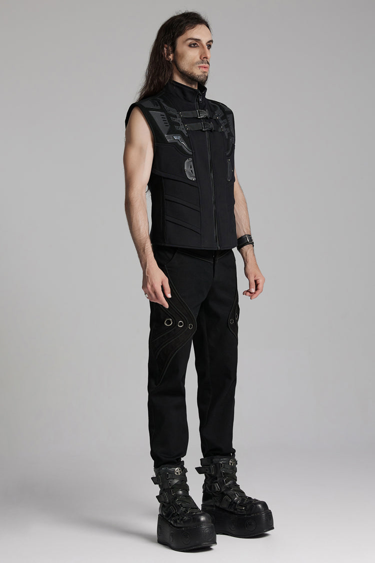 Black Sleeveless Bucke-up Zip Men's Punk Vest - Product - 5