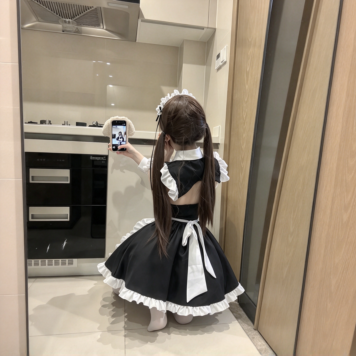Black and White Ruffled Maid Lolita Dress with Apron Bow Accent - view 3