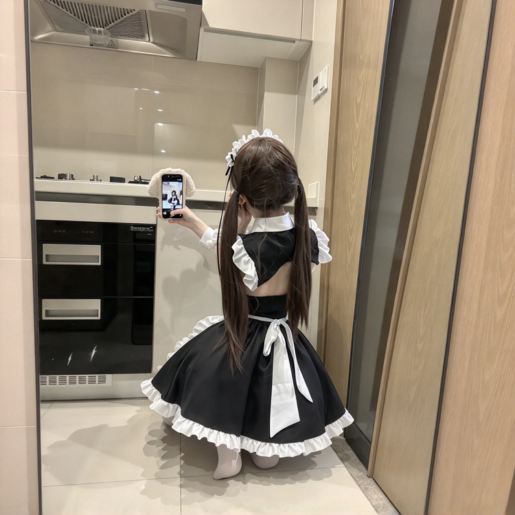 Black and White Ruffled Maid Lolita Dress with Apron Bow Accent - view 3