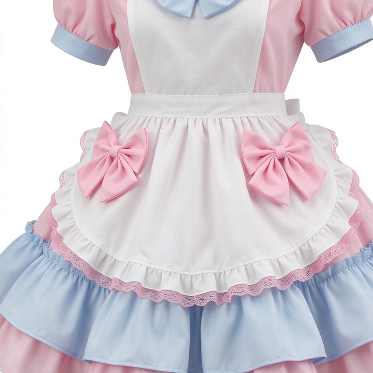 Brown and Pink Ruffled Maid Lolita Dress with Apron Bow Accent - view 3