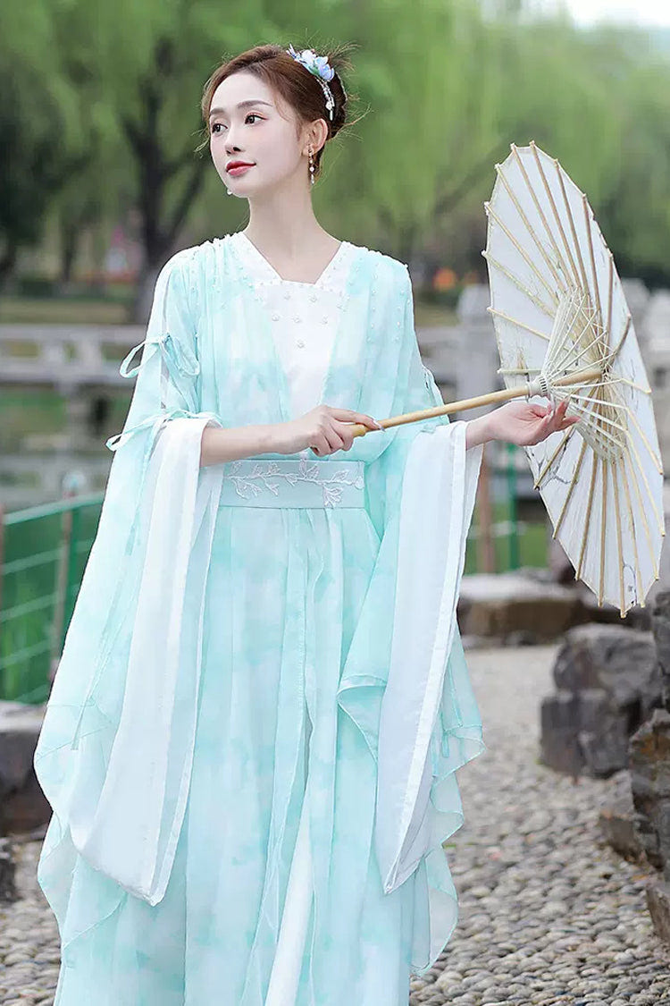 Blue V Collar High Waisted Lace-Up Women's Classic Hanfu Dress - Product - 4
