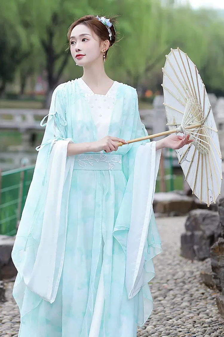 Blue V Collar High Waisted Lace-Up Women's Classic Hanfu Dress - Product - 4