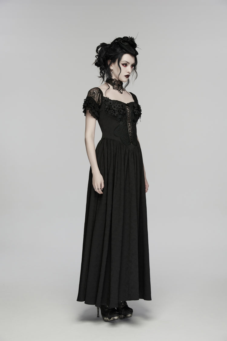 Black Off Shoulder Short Puff Sleeves Ruffled Hanayome Embroidered Lace Women's Gothic Elegant Gorgeous Dress - Product - 3