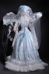 Blue [Snow Lily] Print Ruffle Hanayome Embroidery Bowknot Lace-Up Sweet Elegant Princess Lolita Skirt Set - Product - 13