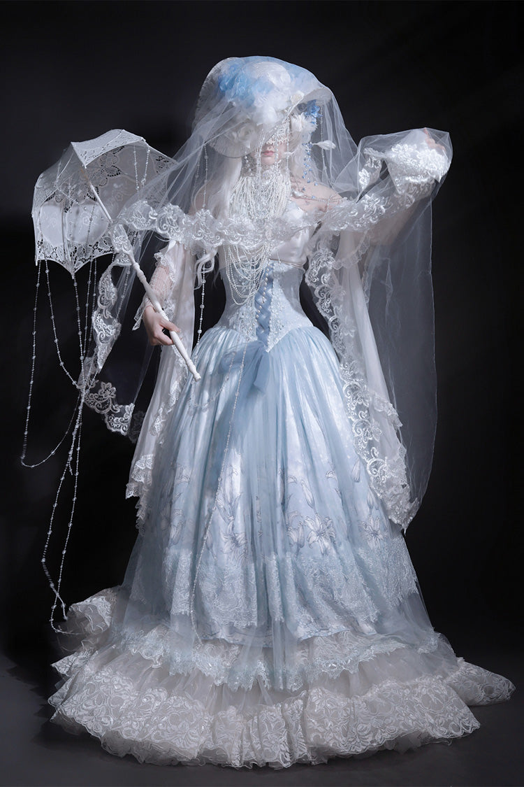 Blue [Snow Lily] Print Ruffle Hanayome Embroidery Bowknot Lace-Up Sweet Elegant Princess Lolita Skirt Set - Product - 13