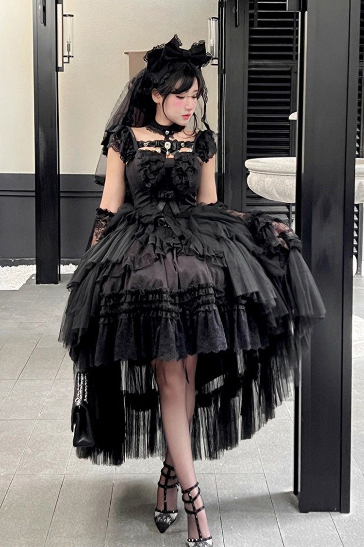 Black [Jewelry Love Story] Halterneck Ruffle Hanayome Bowknot Lace Gothic Lolita Dress - Product - 3