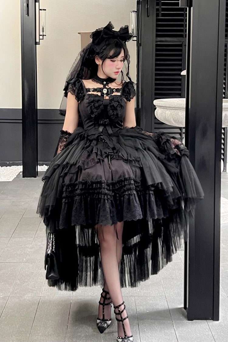 Black [Jewelry Love Story] Halterneck Ruffle Hanayome Bowknot Lace Gothic Lolita Dress - Product - 3