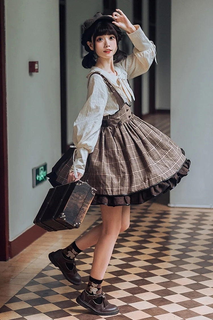 Brown Sherlock Detective Ruffle Color Matching Gothic Lolita Strap Skirt - Product - 5