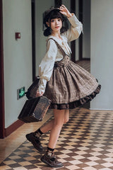 Brown Sherlock Detective Ruffle Color Matching Gothic Lolita Strap Skirt - Product - 5