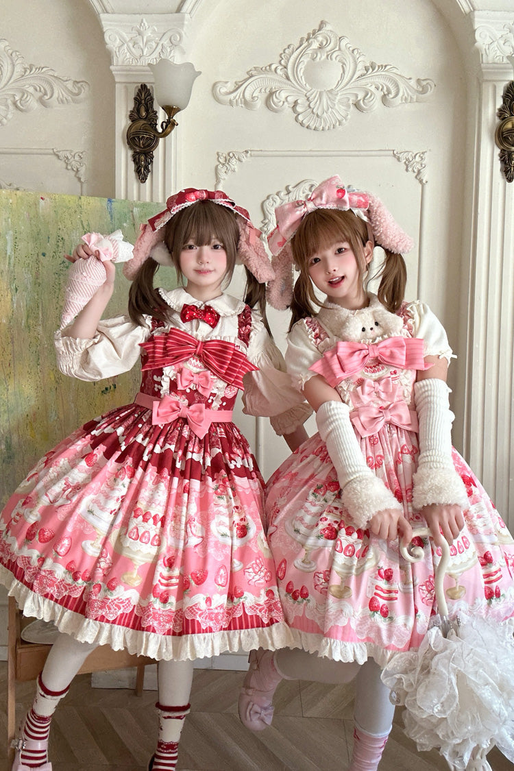 Pink [Strawberry Cake] Printed Ruffled Bow Daily Sweet Lolita Jsk Dress - Product - 4