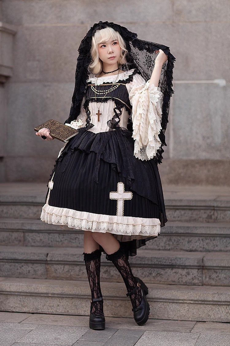 Black Eternal Life Song Print Cross Embroidery Sleeveless Ruffle Gothic Lolita Dress - Product - 3