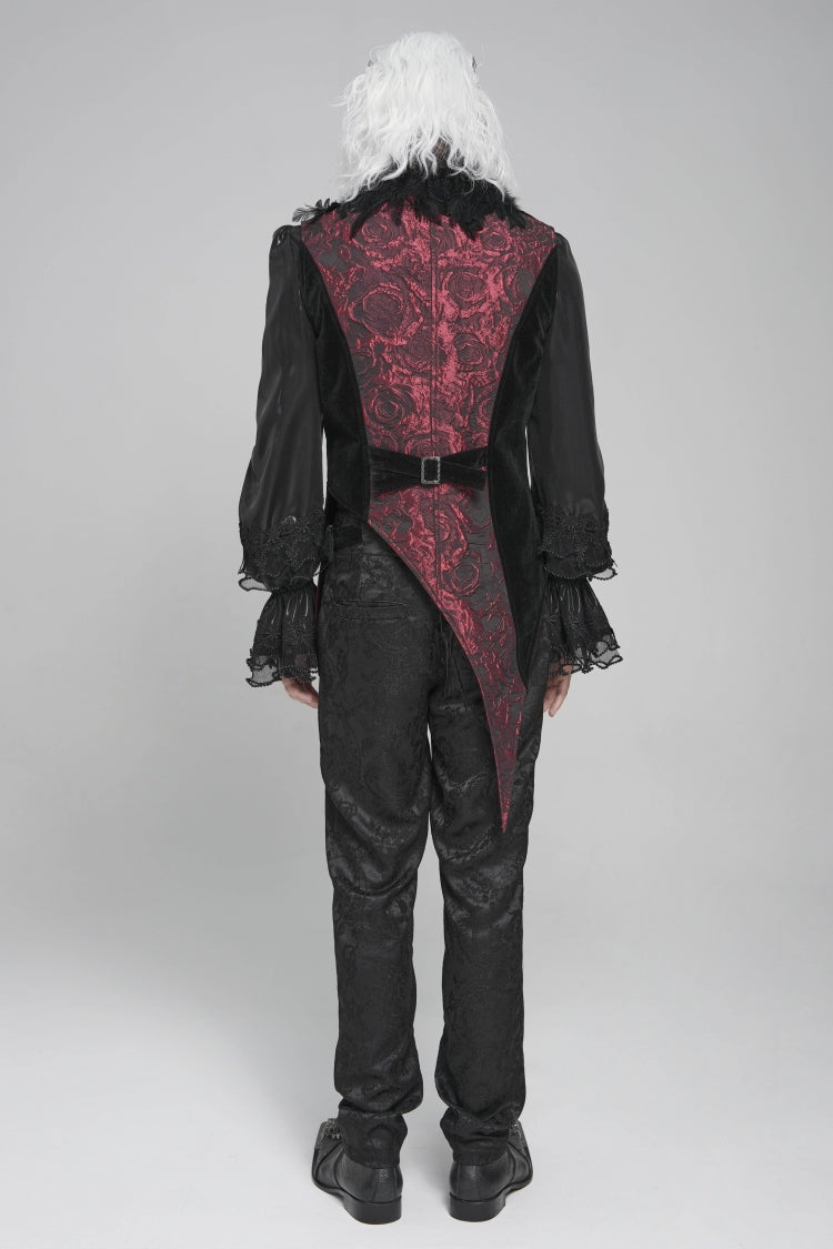 Black Long Sleeves Rose Print Irregular Contrast Color Men's Gothic Vest with Detachable Feather Accessory - Product - 4