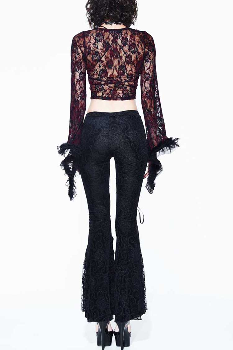 Black Palace Pattern Lace-Up Velveteen Lace Flared Women's Gothic Pants - Product - 5