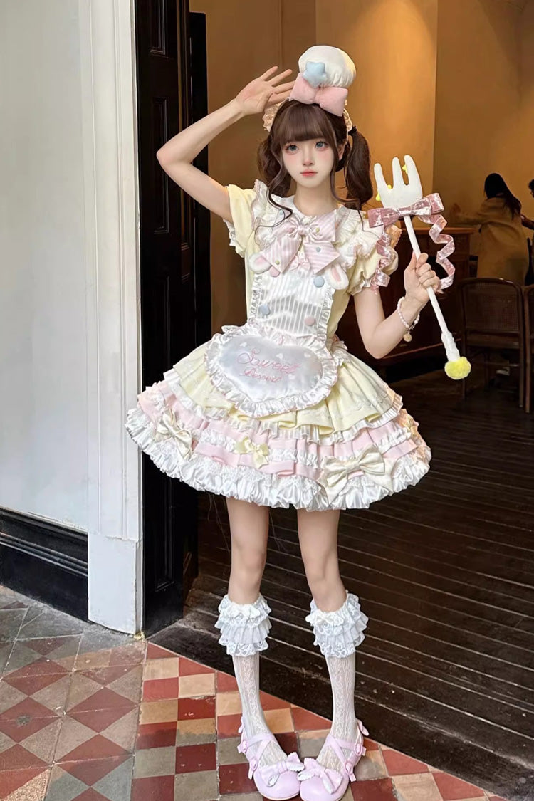 Yellow/Pink Sweet Bunny Chef Short Sleeves Multi-Layered Ruffle Bowknot Sweet (Set) detail view 2