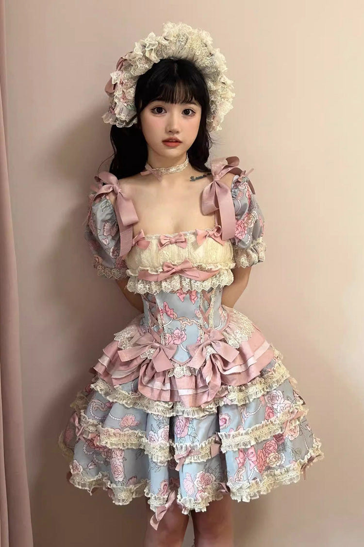 Blue/Pink [Gem Rose] Multi-Layered Ruffle Bowknot Lace Sweet Princess Lolita Skirt 2 Versions - Product - 6