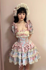 Blue/Pink [Gem Rose] Multi-Layered Ruffle Bowknot Lace Sweet Princess Lolita Skirt 2 Versions - Product - 6