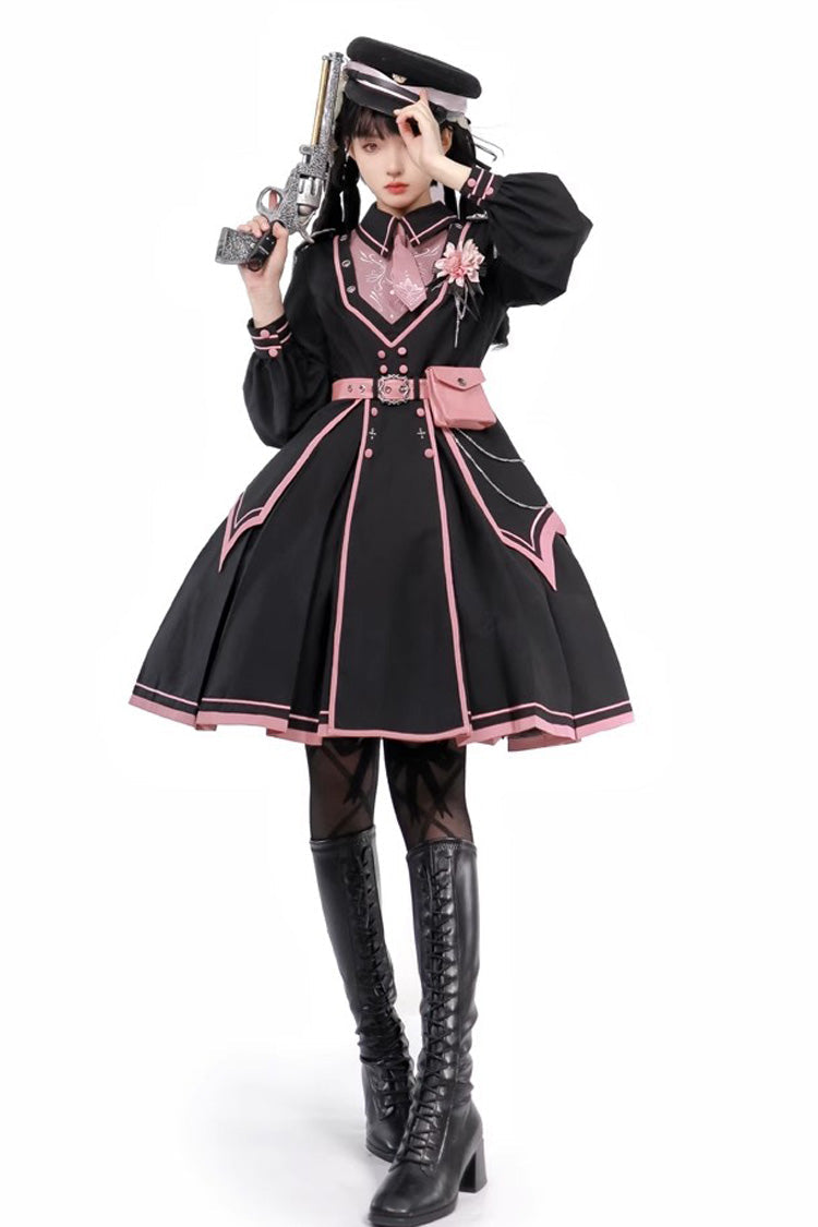 Black/Pink Long Sleeves Ruffle Gothic Military Elegant Princess Lolita Dress - Product - 10