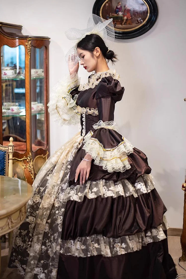 Brown Dark Pattern Print Medieval Court Gothic Victorian Lolita Long Dress - Product - 3