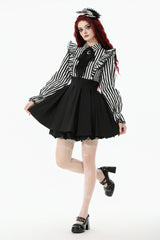 Black/White Striped Lapel Collar Long Sleeves Moon Lace Bow Ruffled Pleated Women's Gothic Dress - Product - 9